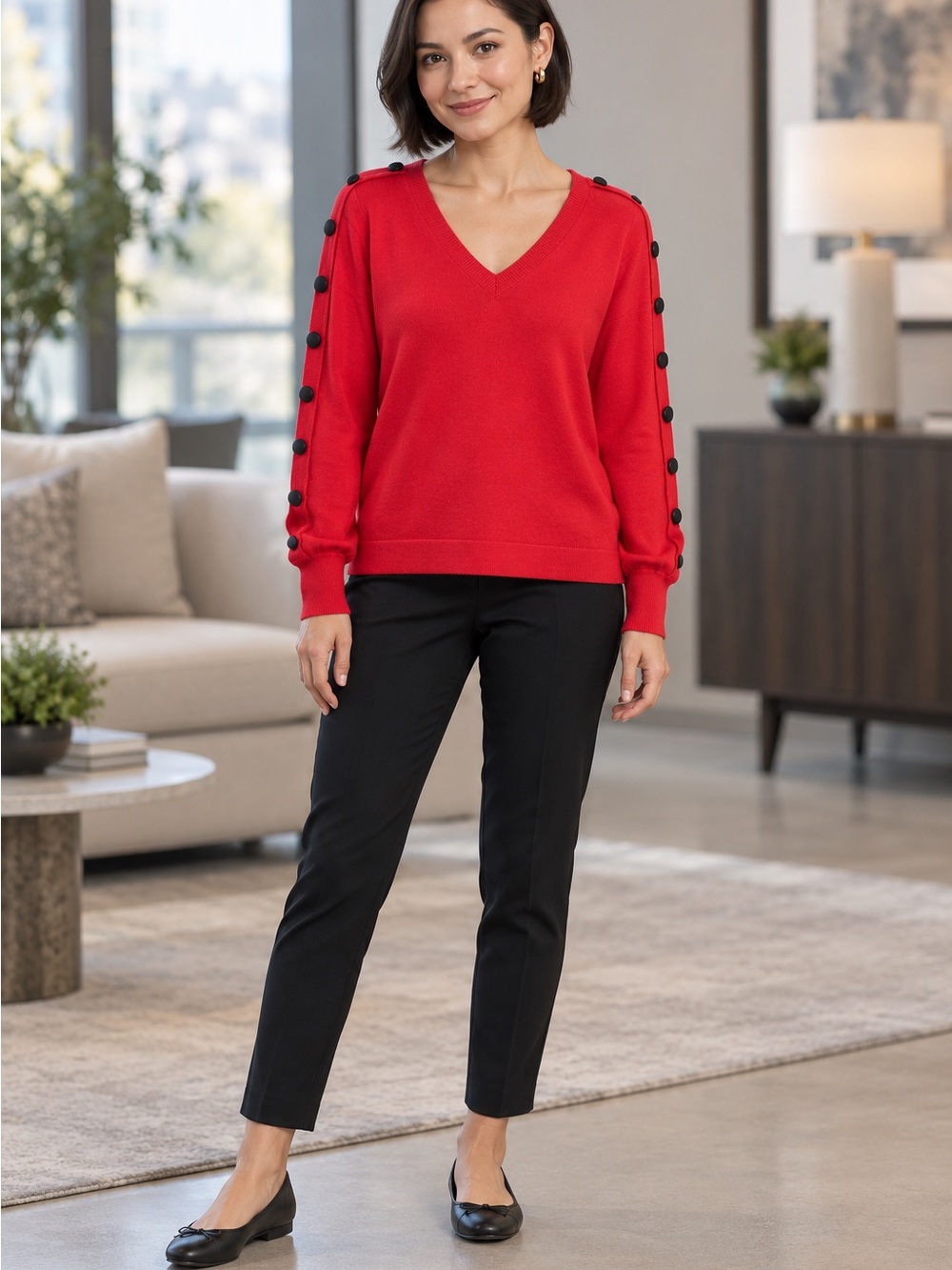 Karl Lagerfeld Red V-Neck Sweater with Black Button Detail
